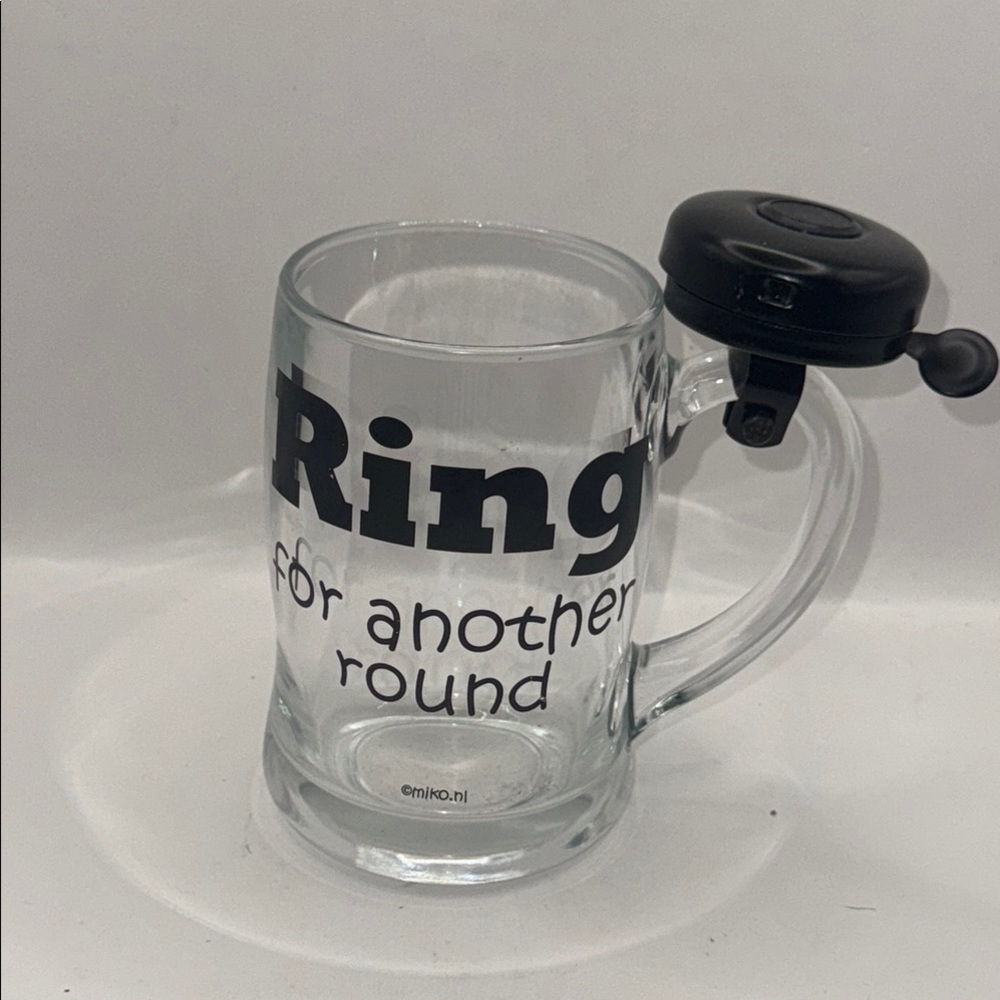 Glass Mug "Ring for another round "with Bell and Black Text